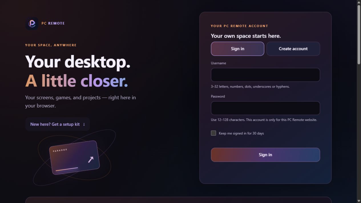 PC Remote’s browser landing page