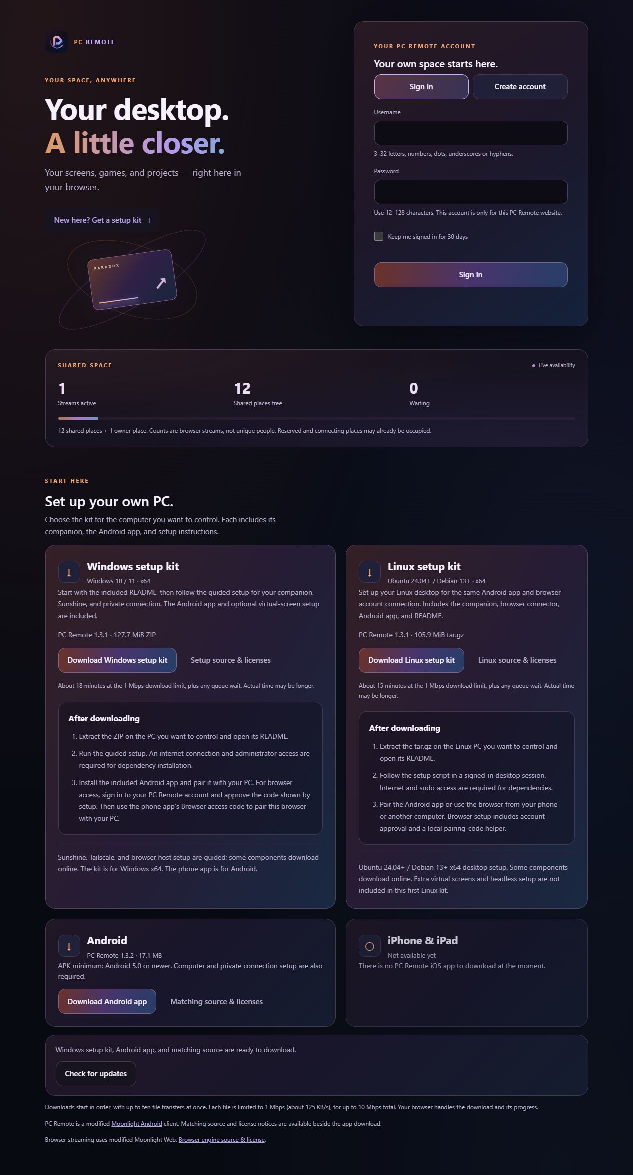 Full PC Remote setup page showing Windows, Linux, Android, iPhone and iPad availability, source links and queue information.